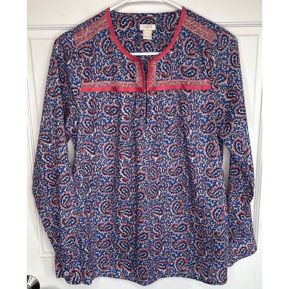 J. Crew Women's Cotton Embroidered Peasant Top Sz S Long Slv Cotton Paisley Boho